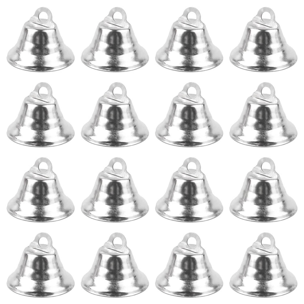 Set of silver mini jingle bells with loop hooks, multiple bells arranged