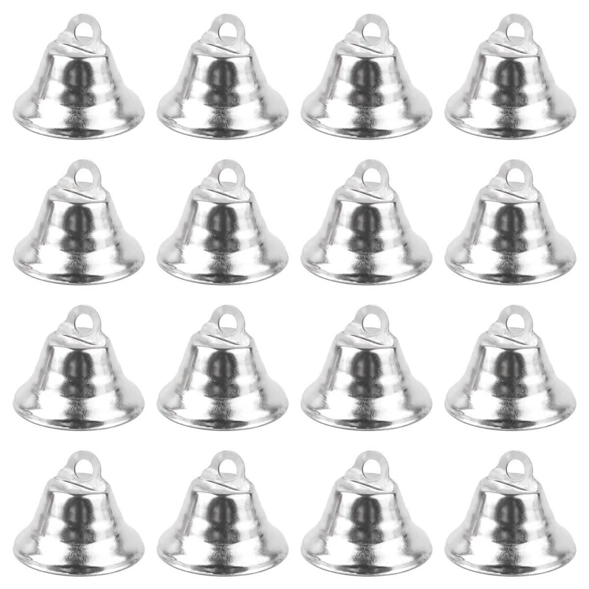 Set of silver mini jingle bells with loop hooks, multiple bells arranged