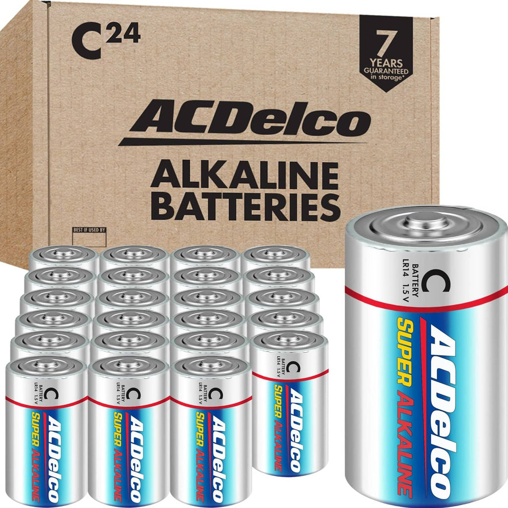 Alkaline C battery pack, 24-count, with one can and cardboard box.