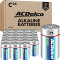 Alkaline C battery pack, 24-count, with one can and cardboard box.