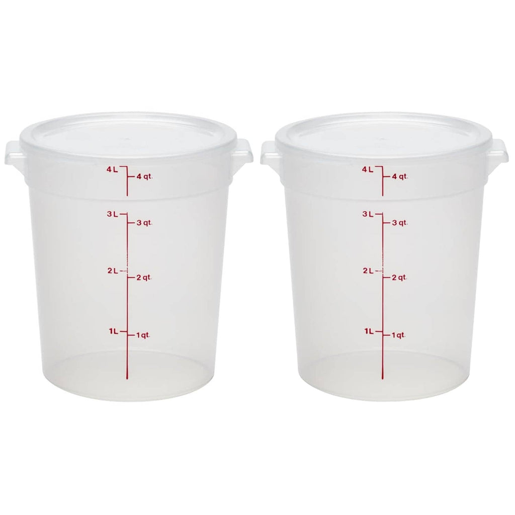 Pair of white 4-qt food storage buckets with lids and red quart measurement lines.