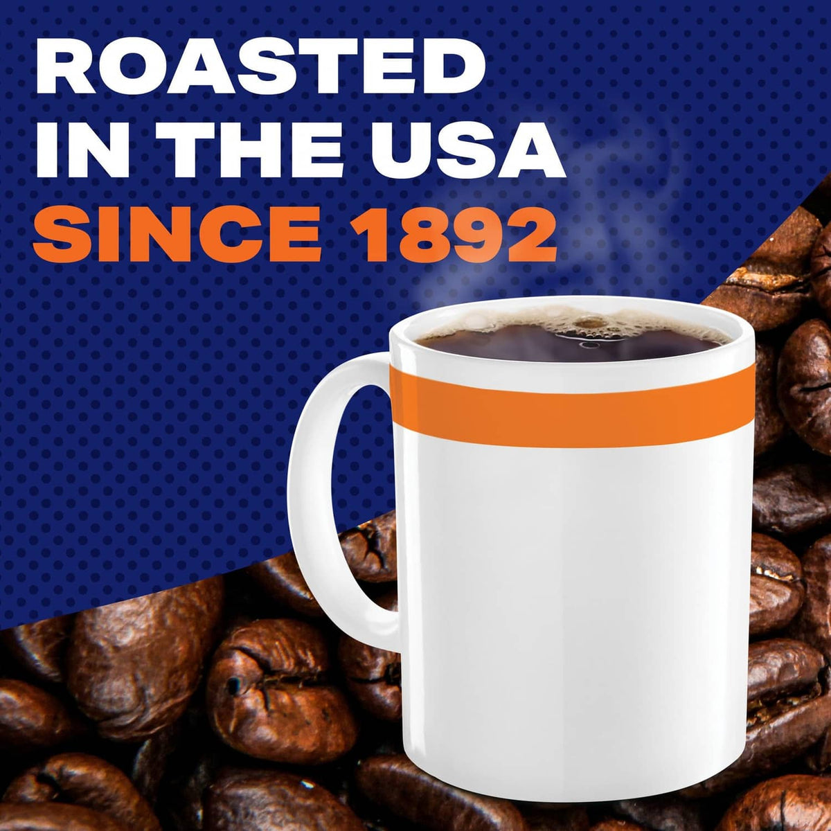 White mug of roasted decaf coffee with visible foam and coffee beans beside it.