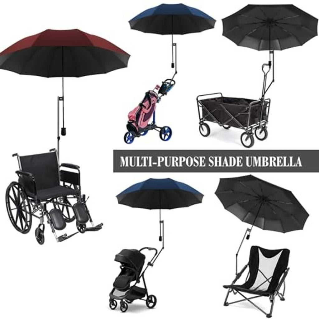 Black multi-purpose shade umbrella with adjustable clamp for outdoor strollers