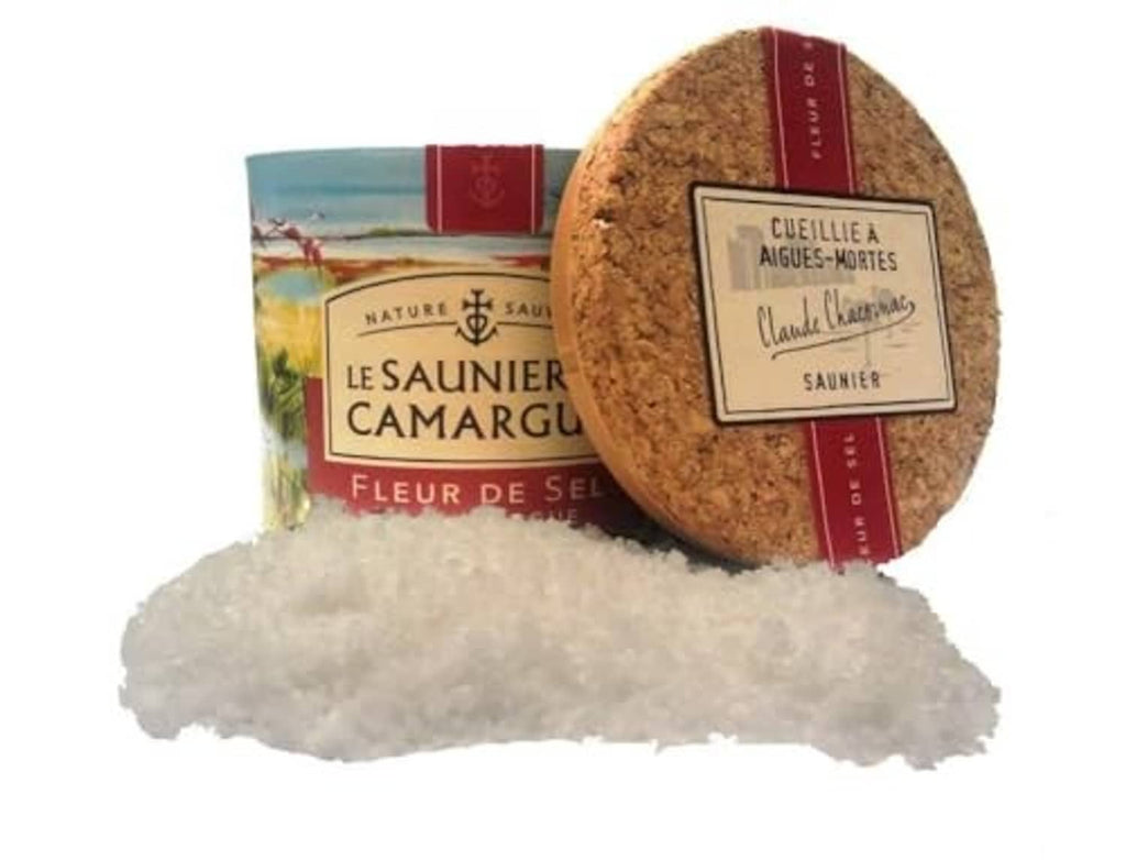 Fleur de sel salt jar with cork lid and coarse salt pile