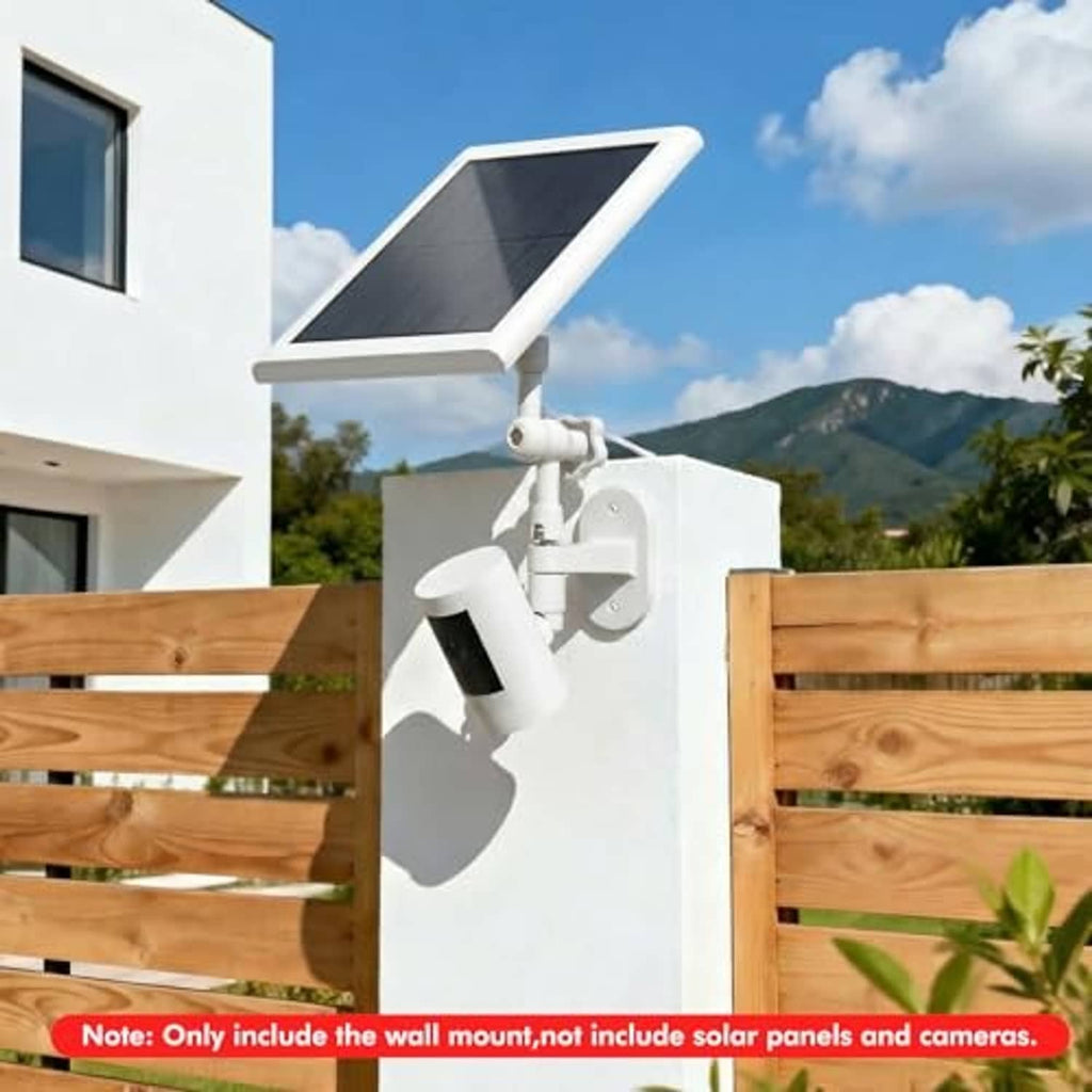 White wall-mounted solar panel and spotlight camera bracket on an outdoor post