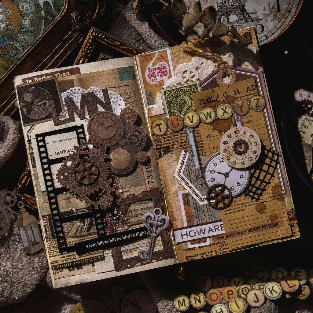 Steampunk junk journal bronze paper cards with clocks, gears, frames, and decorative tags