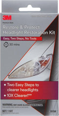 3M Restore & Protect headlight restoration kit box, easy two steps, no tools, 1 kit