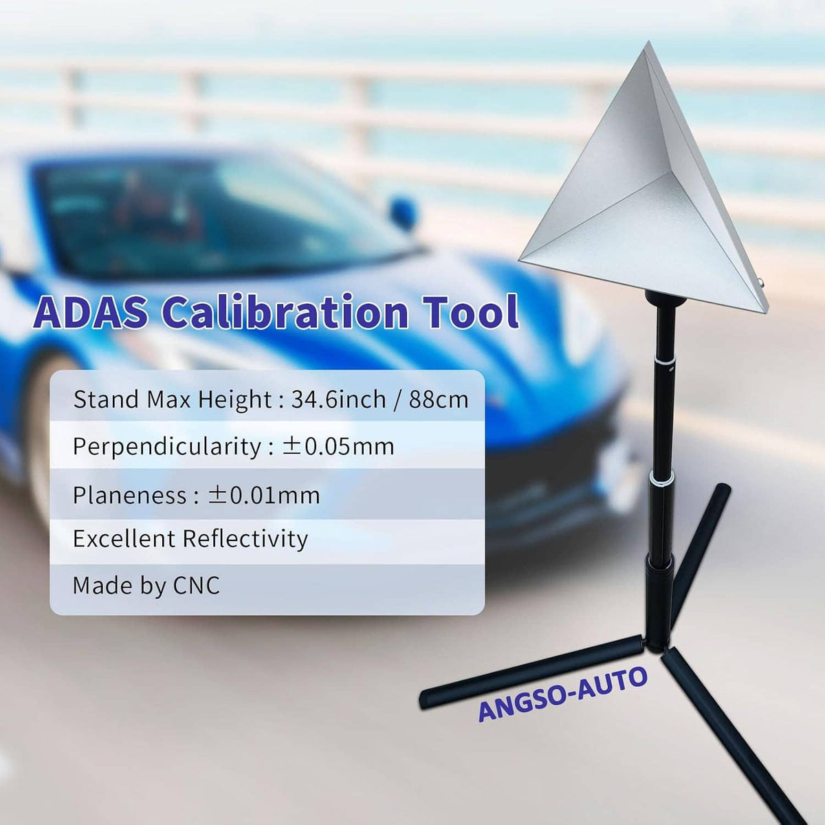 Radar calibration reflector target: silver triangle mounted on black tripod stand