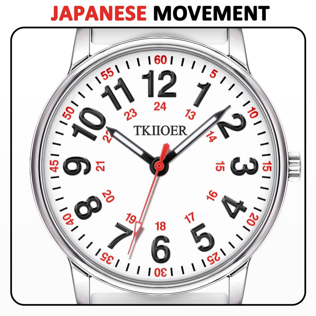 White TKIIOER watch face close-up with bold numerals, black hands and red seconds
