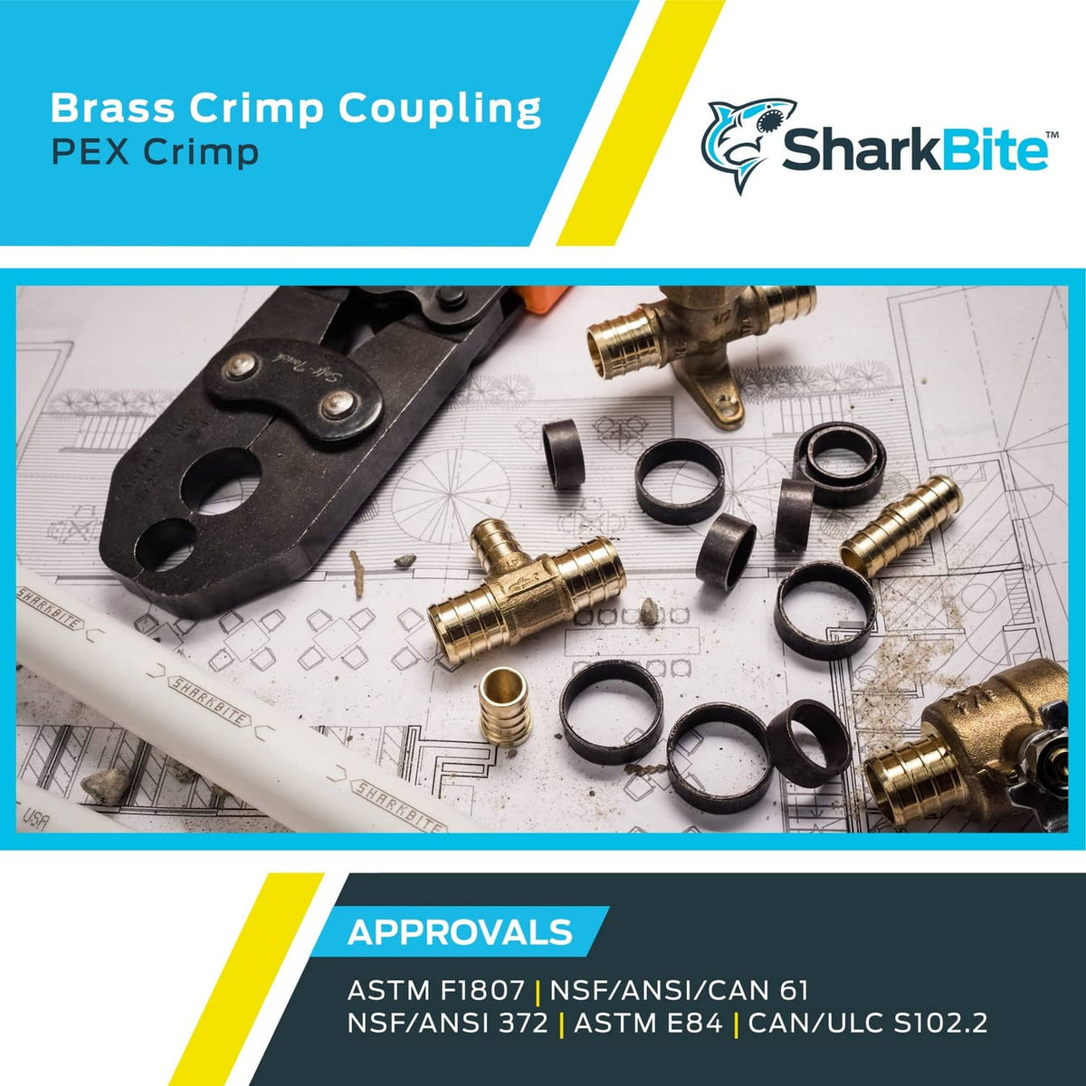 Brass PEX crimp couplings and rings arranged on construction plans