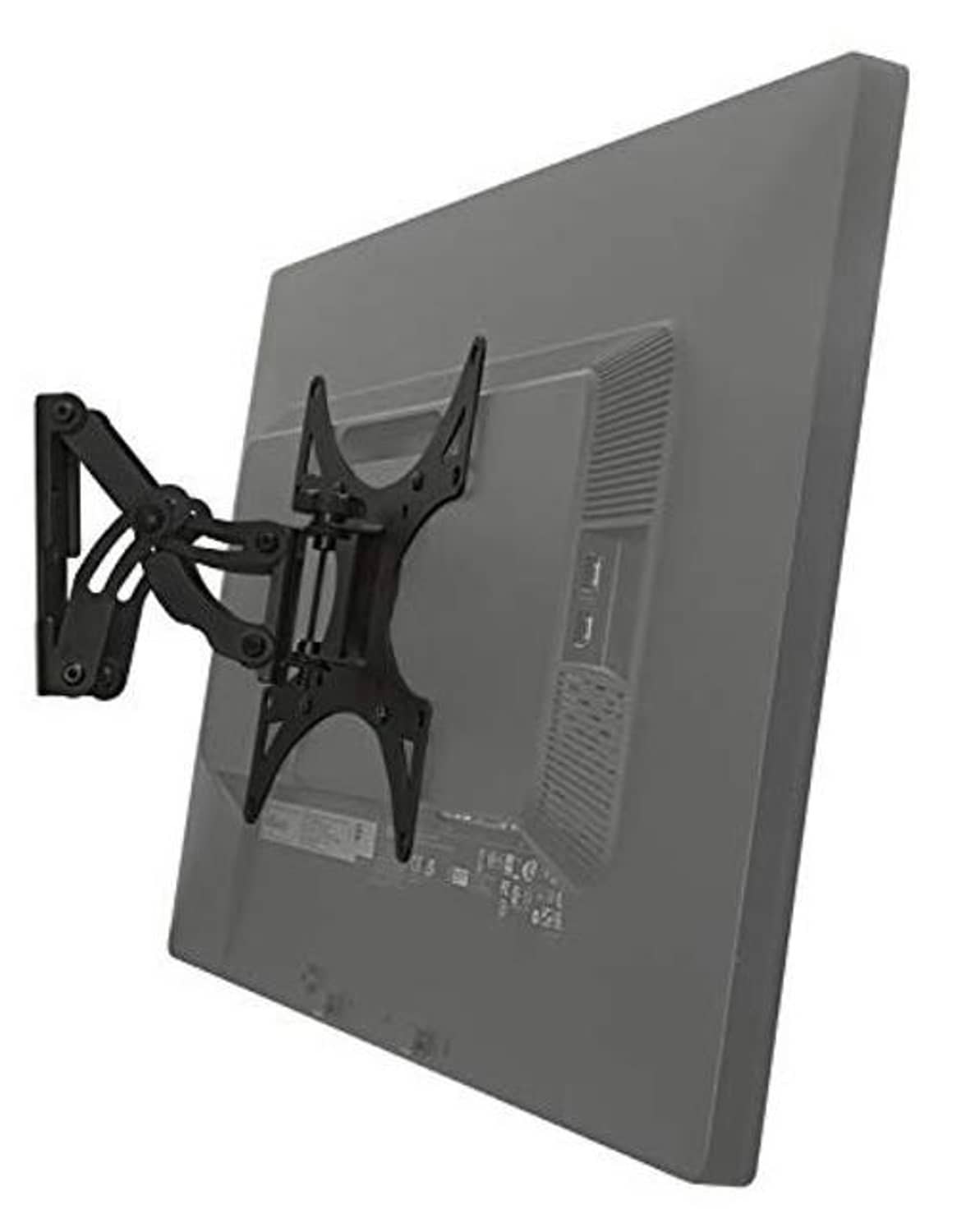 Black TV wall mount hardware with tilt bracket and rear mounting arms