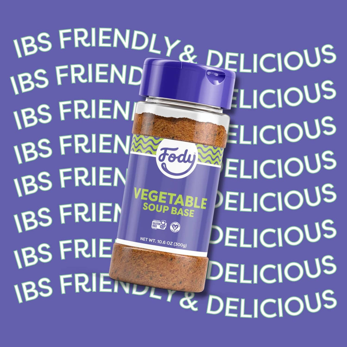 Vegetable soup base seasoning jar with blue cap and Fody label