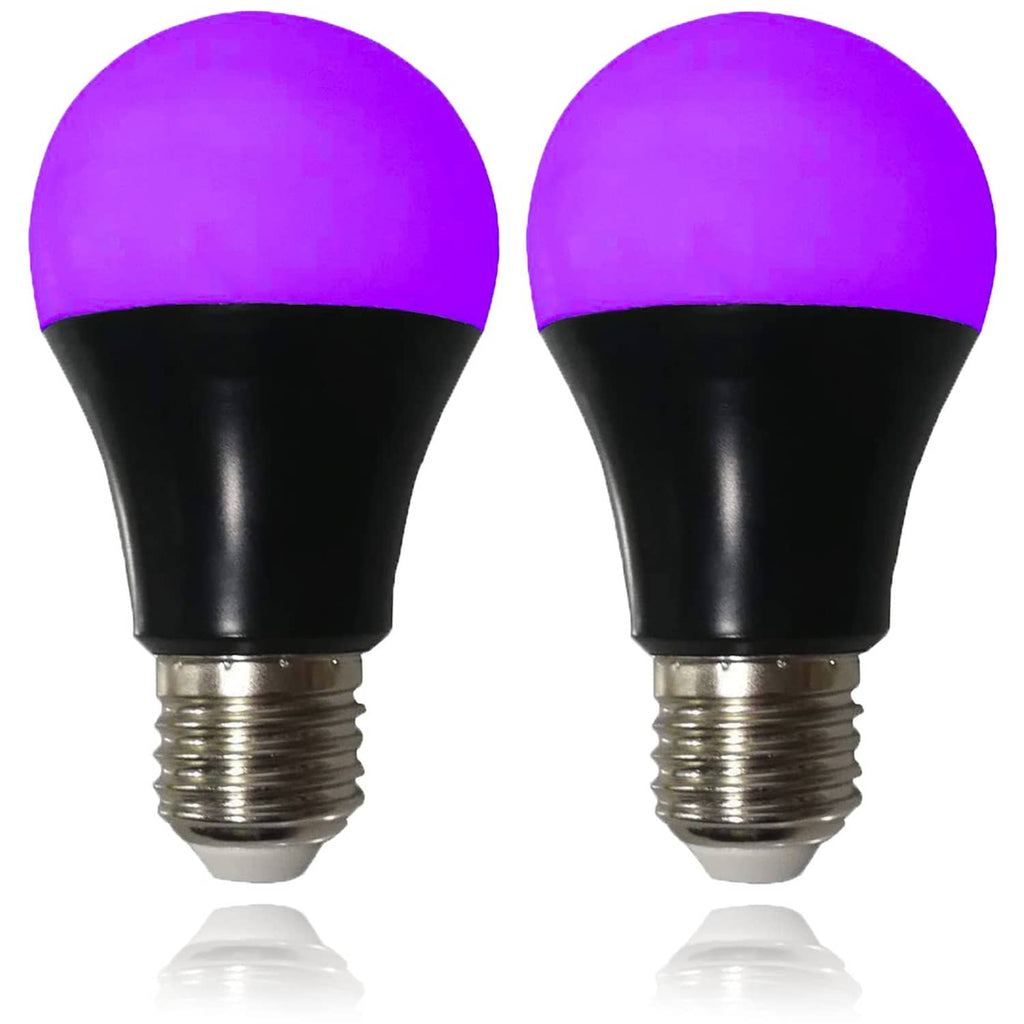 Two-pack A19 E26 UV LED blacklight bulbs with purple-glowing domes