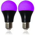 Two-pack A19 E26 UV LED blacklight bulbs with purple-glowing domes