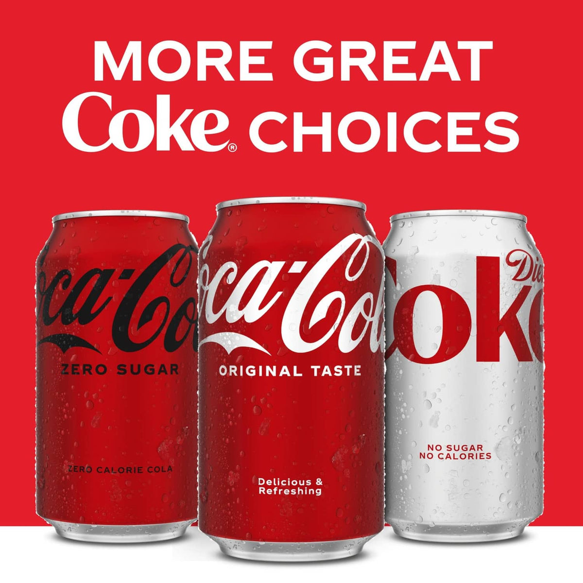 Coca-Cola soda can variety with Coke Zero, Original Taste, and Diiet-style can