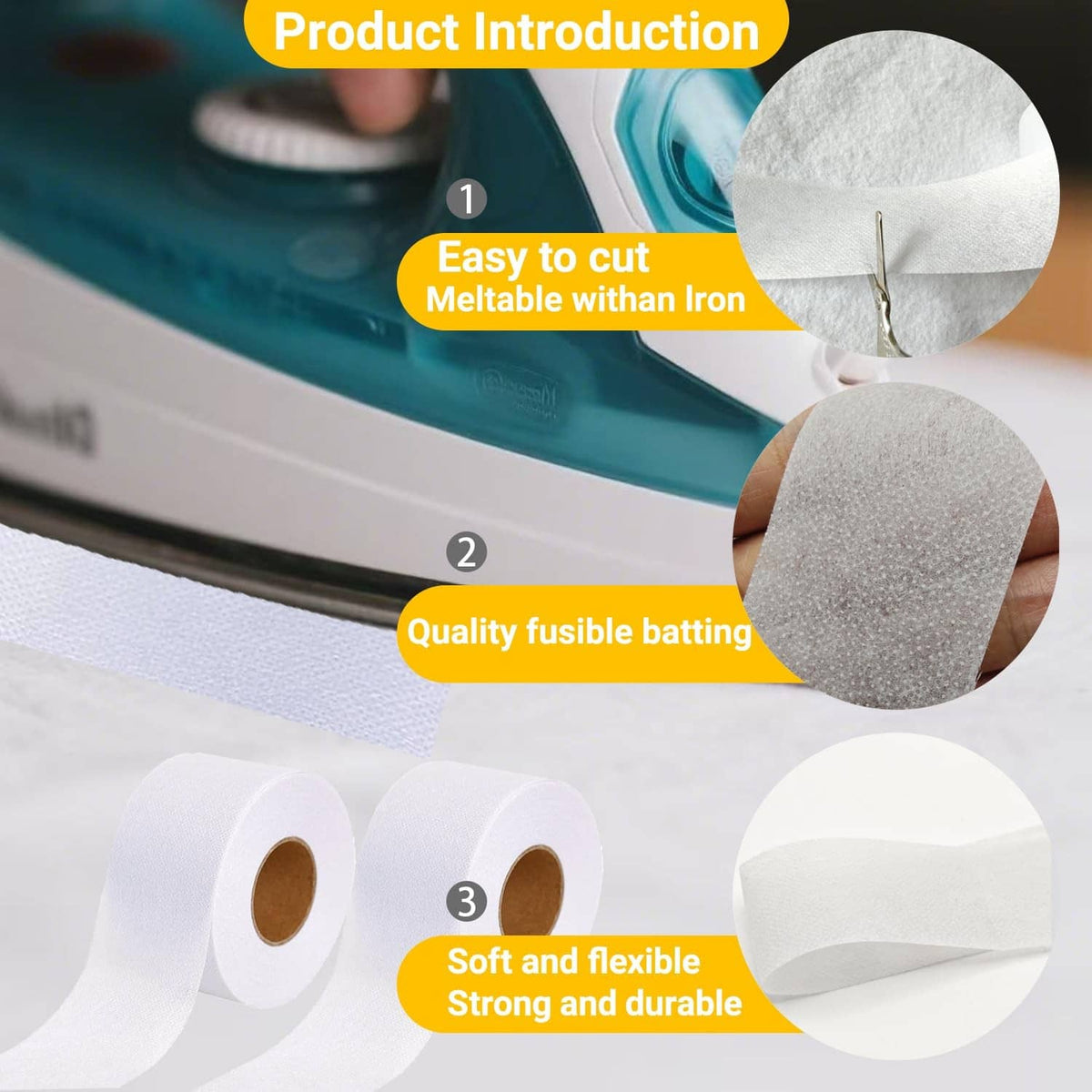 White fusible batting tape roll pair for quilting with visible iron-melted application area