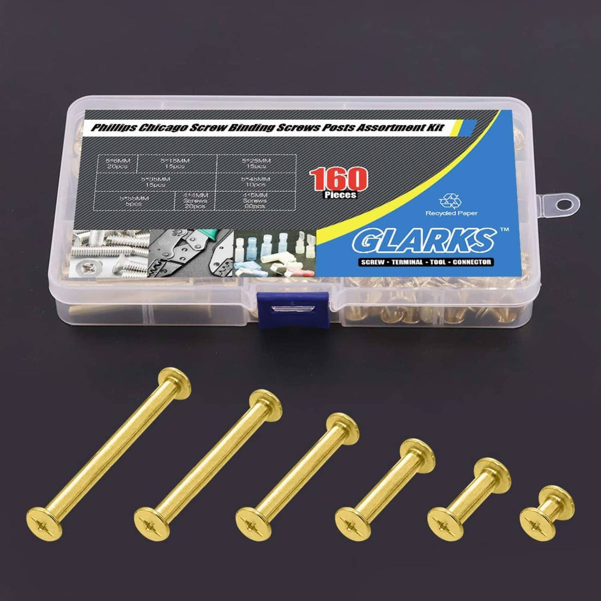 Brass-plated Chicago screws assortment kit in plastic box, 160-piece set
