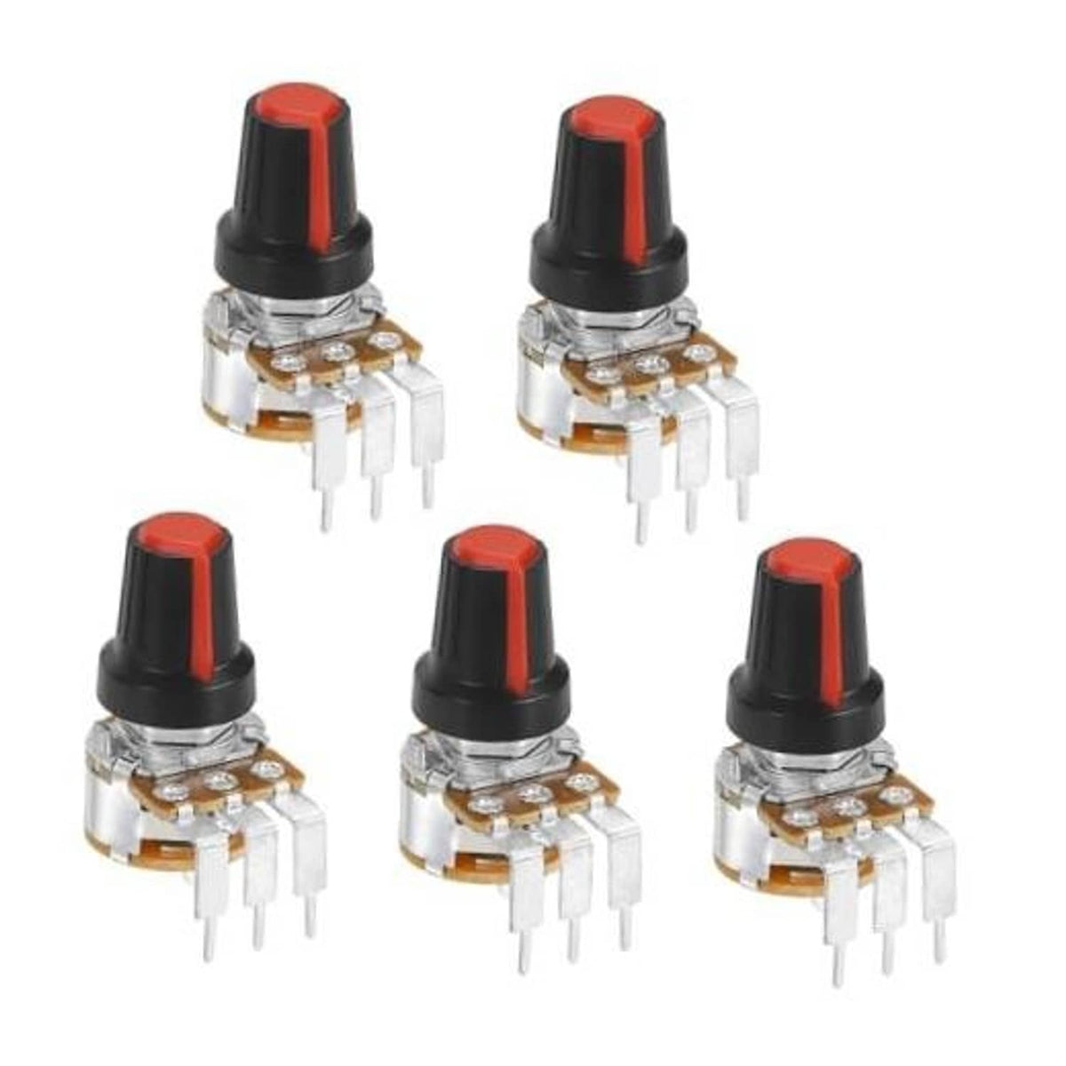 Set of 5 rotary potentiometers with red/black knobs, metal shafts, and 3 white pins each