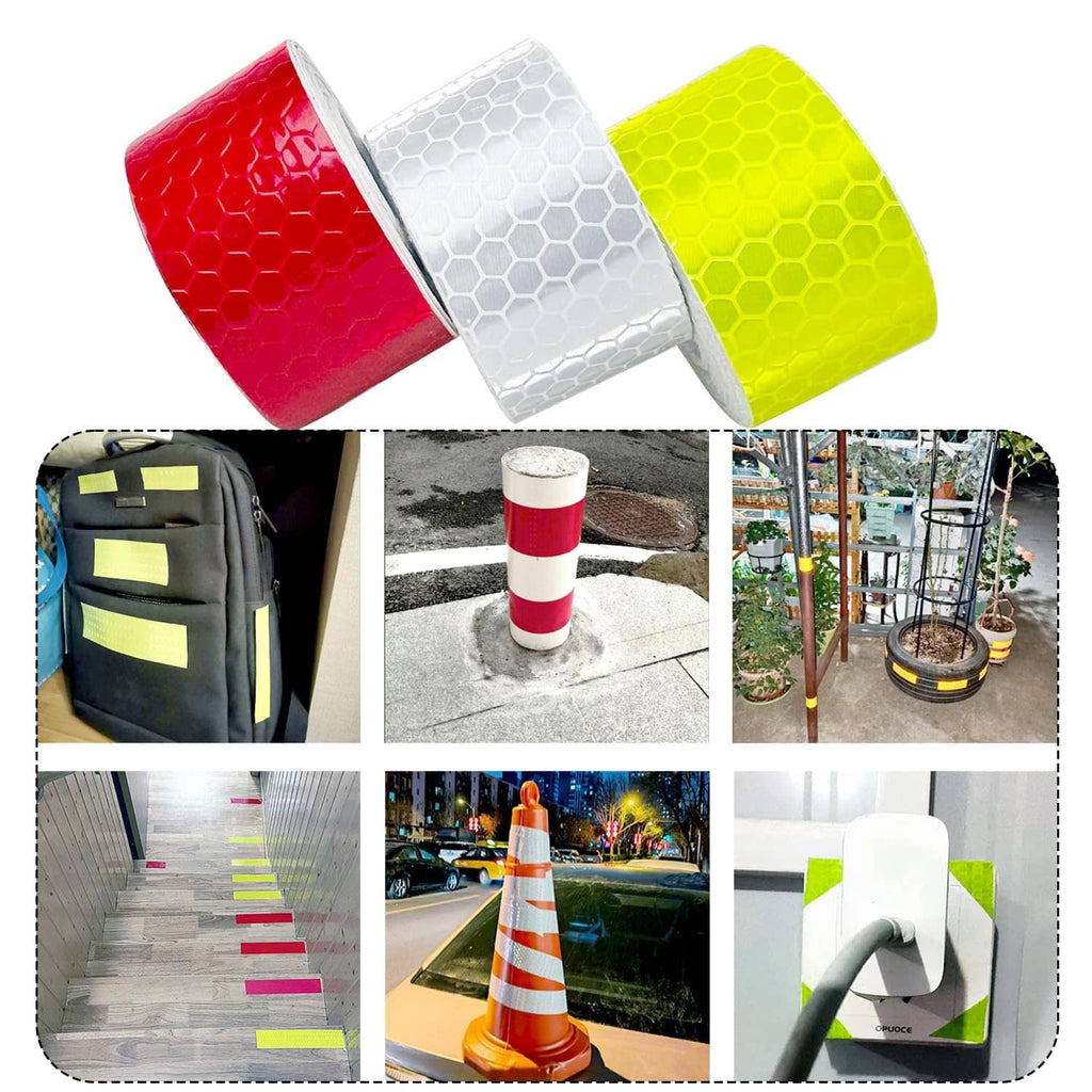 Set of reflective tape rolls: red, white, and neon yellow honeycomb