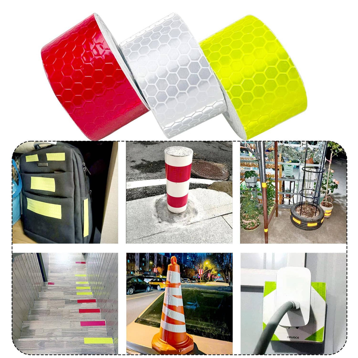 Set of reflective tape rolls: red, white, and neon yellow honeycomb