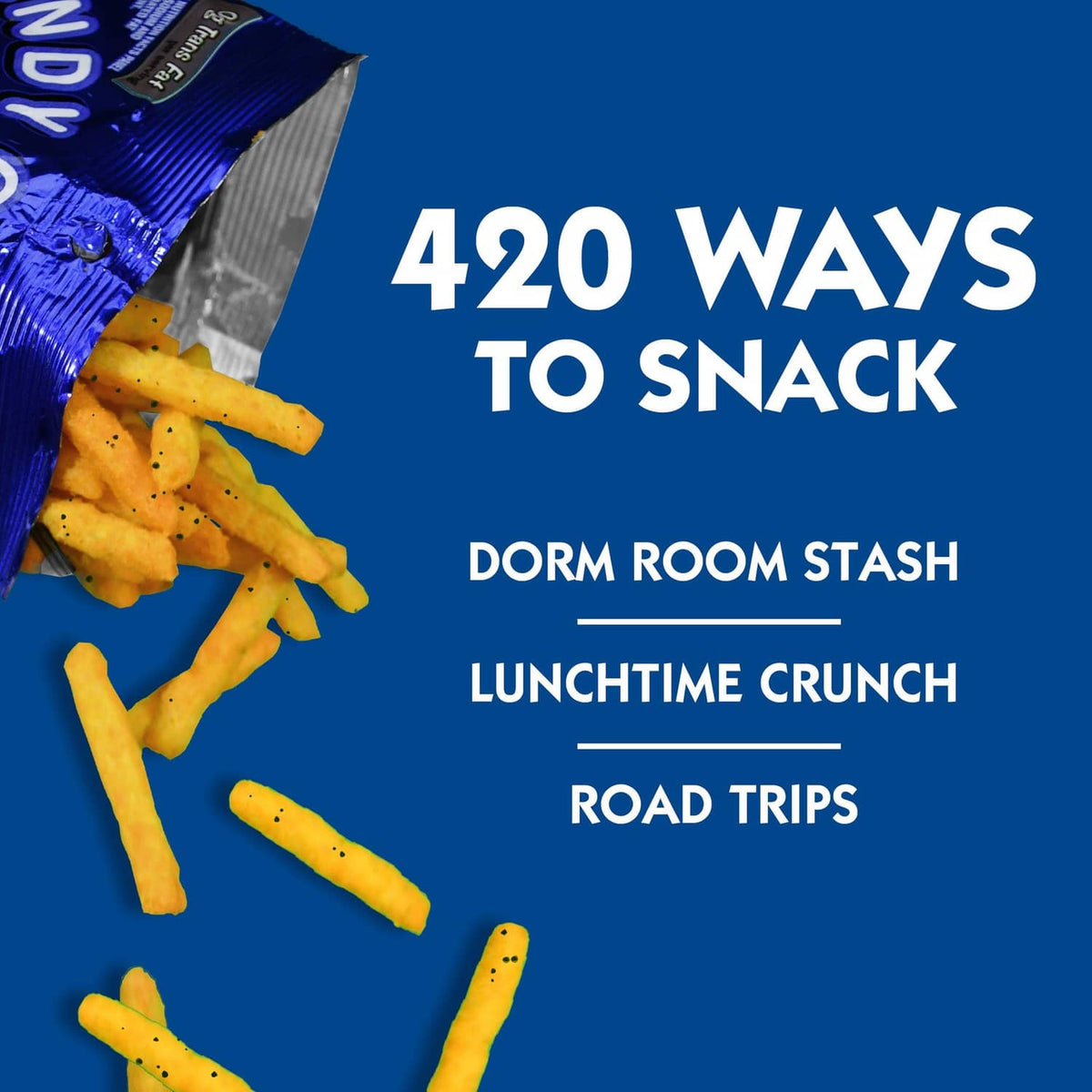Cheddar Fries snack package corner with fry sticks and text about 420 ways to snack