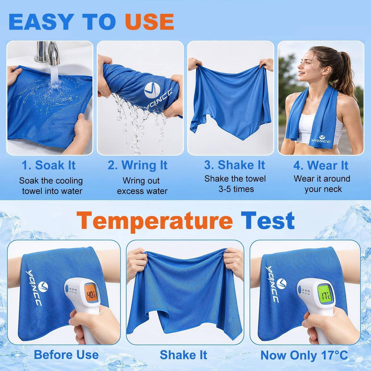 Blue cooling towel shown being soaked and wrung, mesh fabric texture