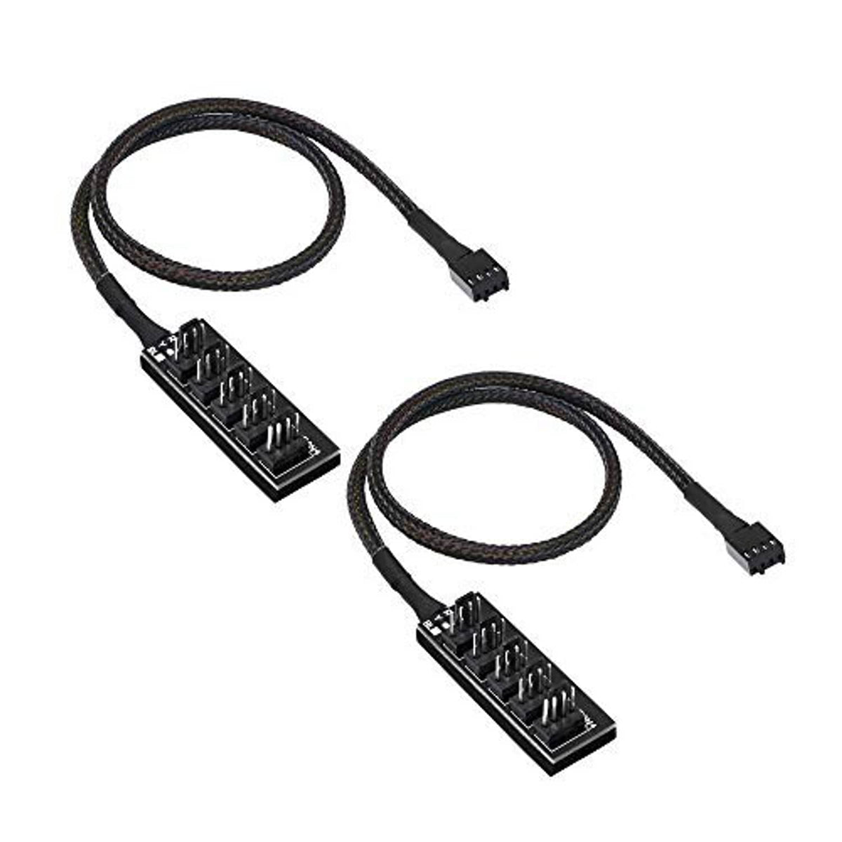 Black 4-pin PWM fan hub splitter cable set with two braided leads and 4-pin connectors