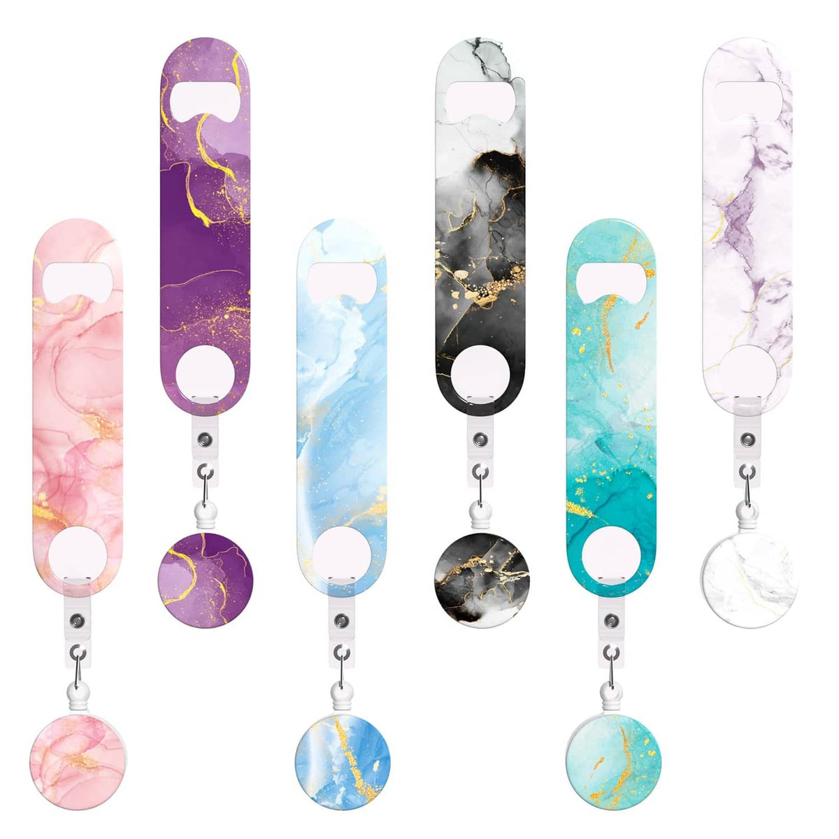 Retractable marble-pattern stainless bottle opener set with six colorful pieces