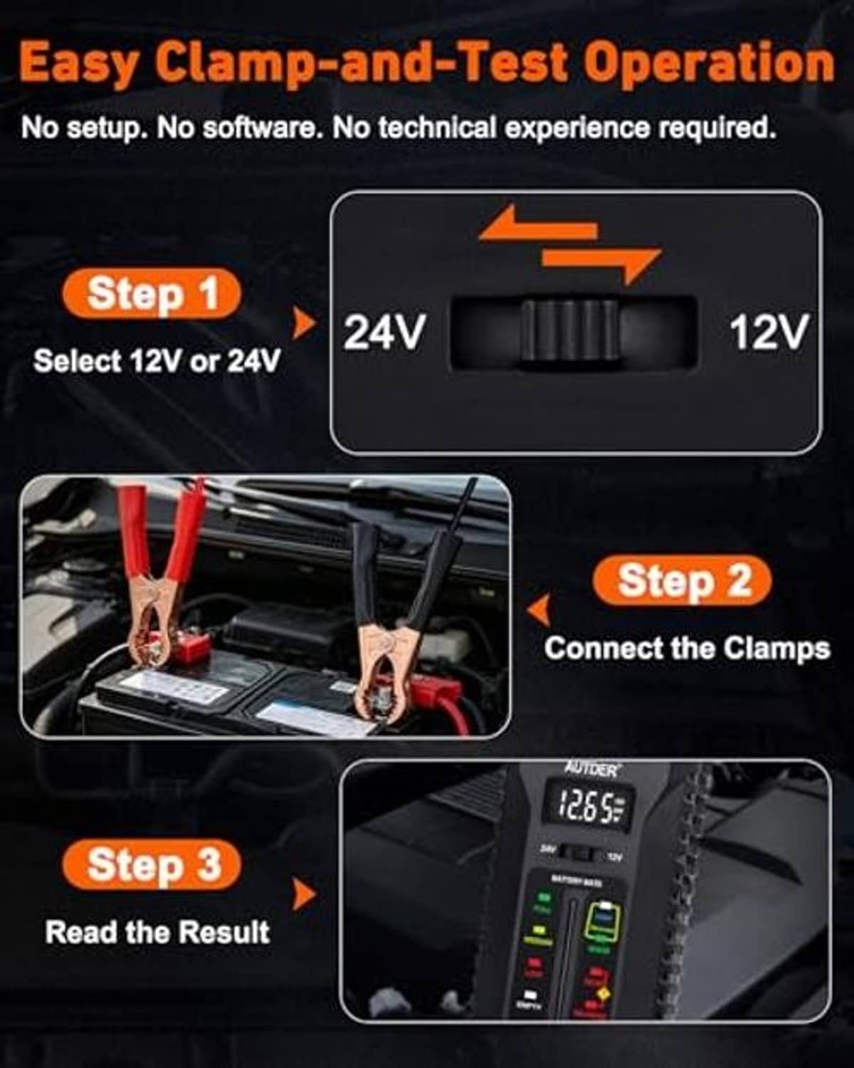 Battery tester with 12V/24V selector and clamp wiring for easy connect-and-test use