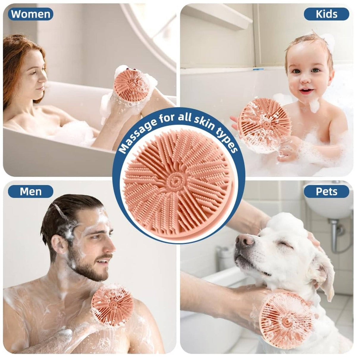Pink silicone body scrubber disc shown for use on skin, with foam suds