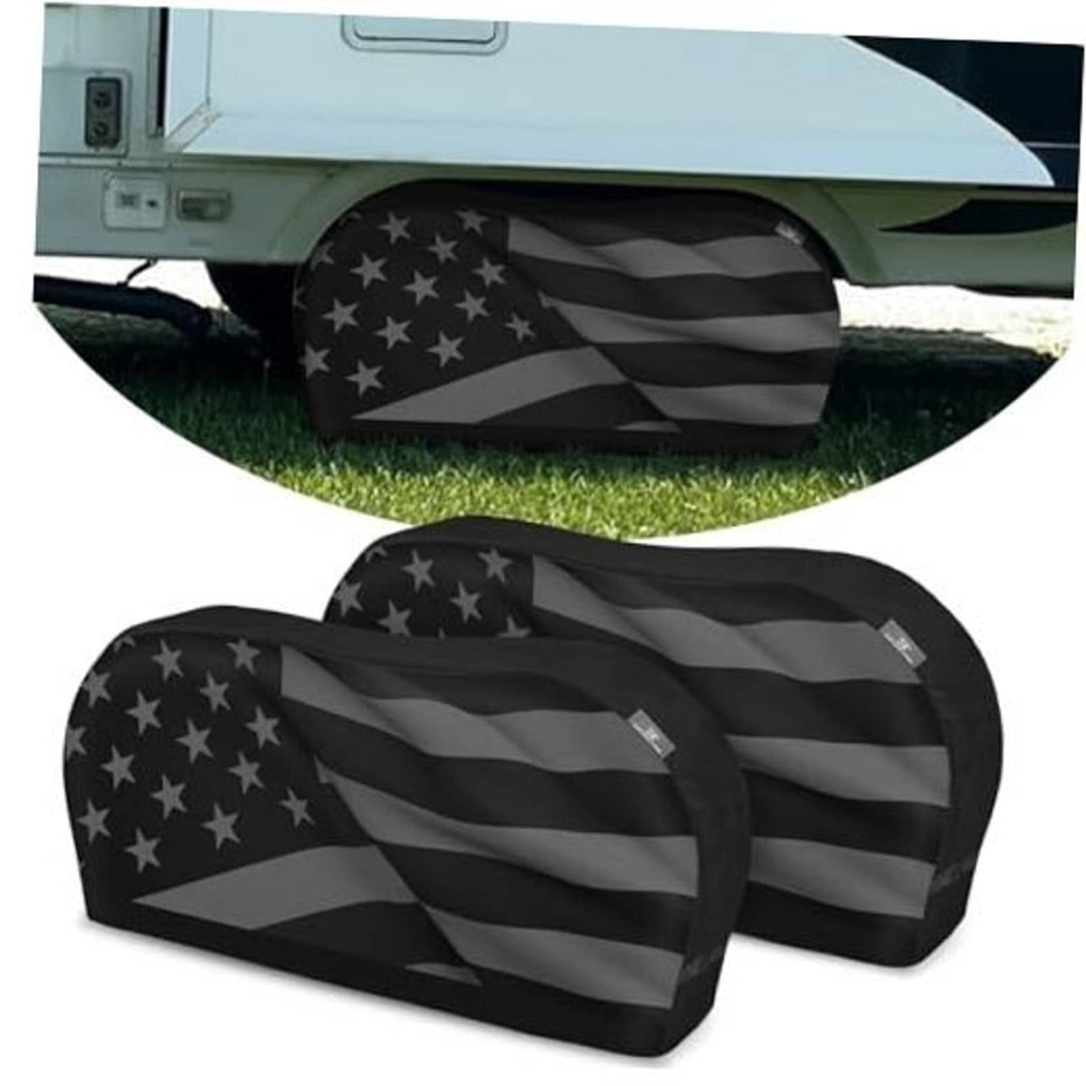 Dual-axle tire cover pair in black with American flag star-and-stripe pattern
