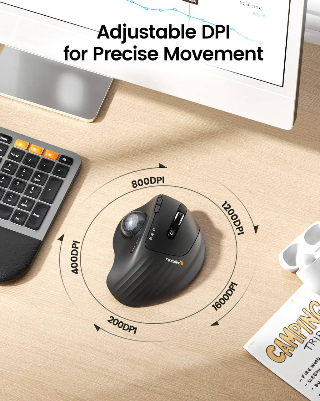Trackball mouse showing adjustable DPI ring with visible sensor and buttons