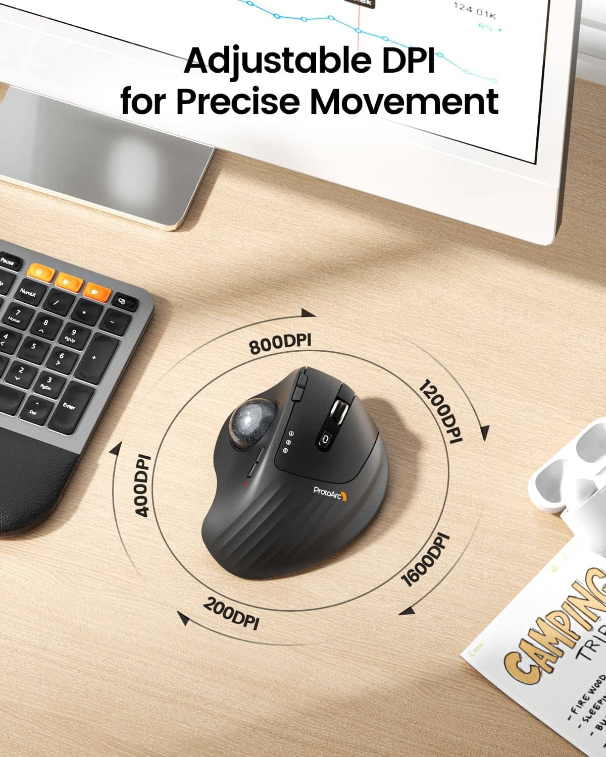 Trackball mouse showing adjustable DPI ring with visible sensor and buttons