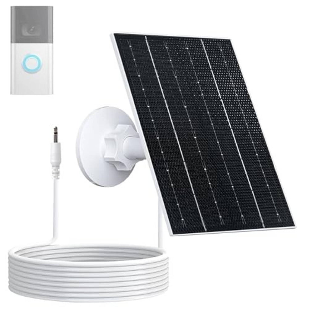 Solar charging kit with black solar panel, round wall mount, and coiled cable