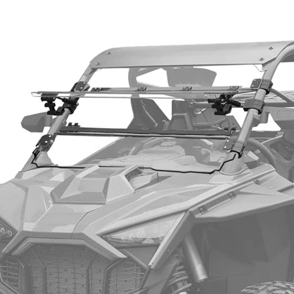 Flip-up windshield and front mounting frame with adjustable hardware on UTV