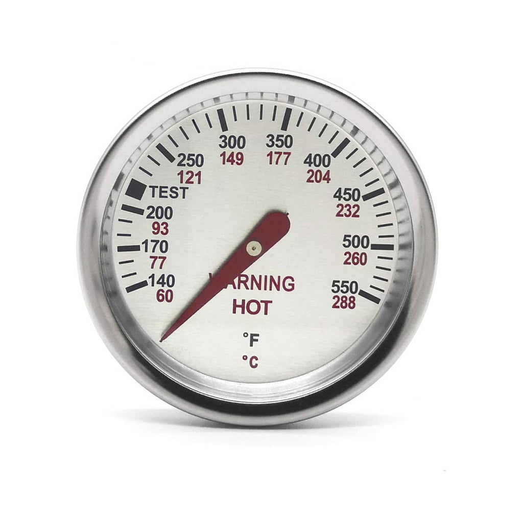 Round grill thermometer dial with red pointer and 'Warning Hot' marking, °F/°C