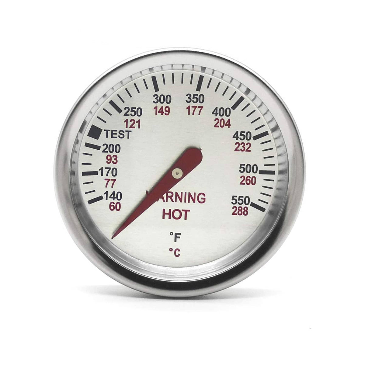 Round grill thermometer dial with red pointer and 'Warning Hot' marking, °F/°C