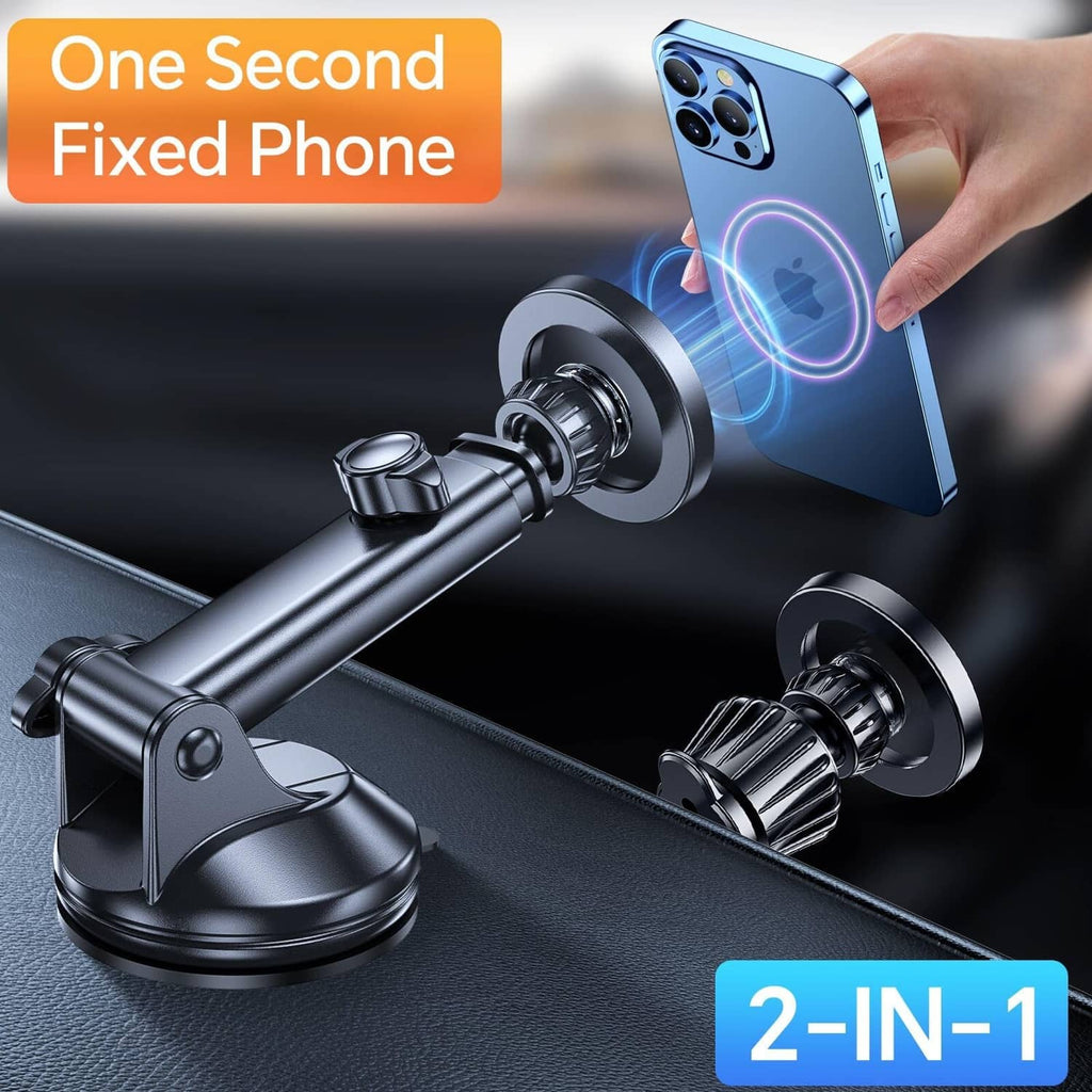 Black fixed MagSafe car mount with circular magnetic ring and phone mount