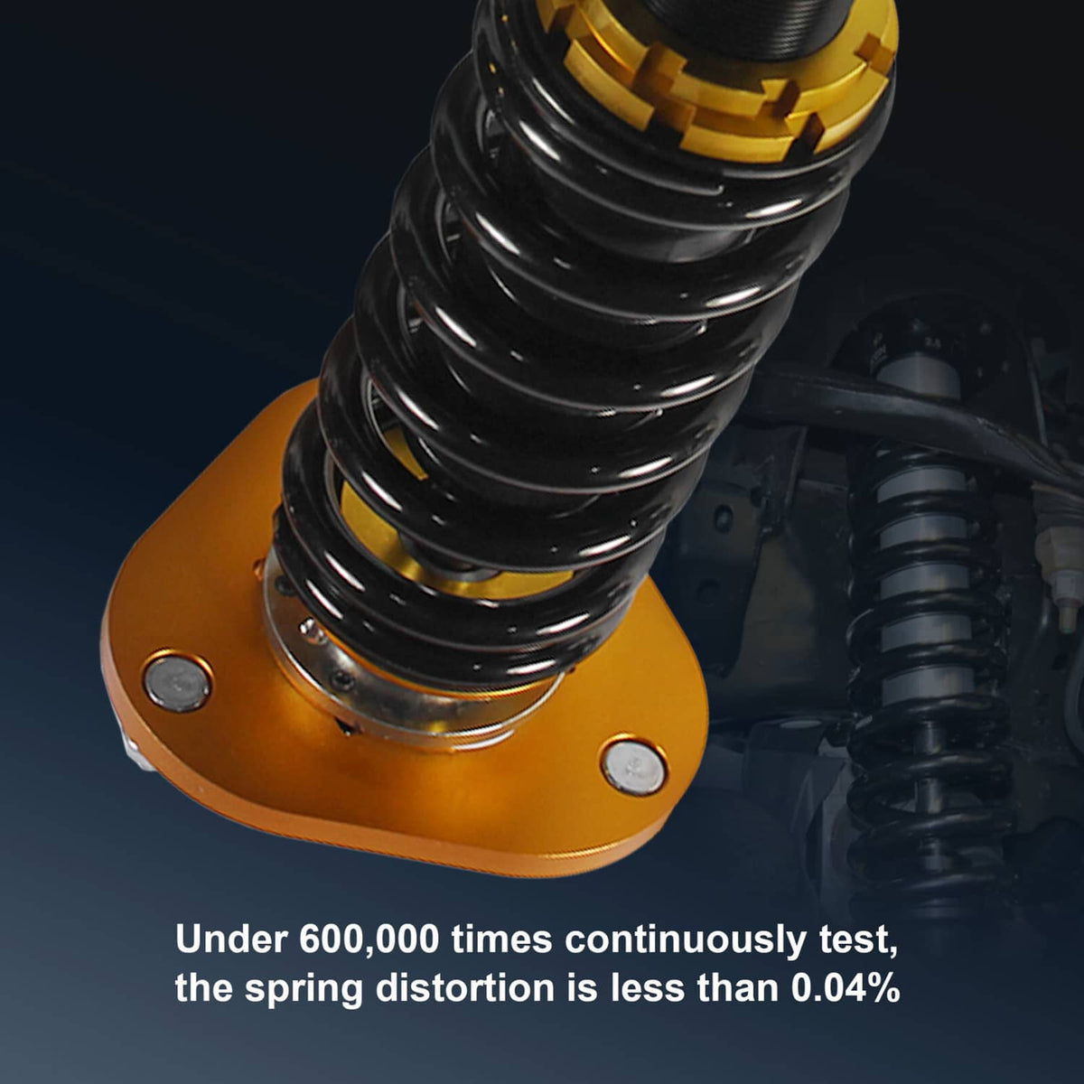 Close-up of gold coilover spring perch with black coil spring and mount base