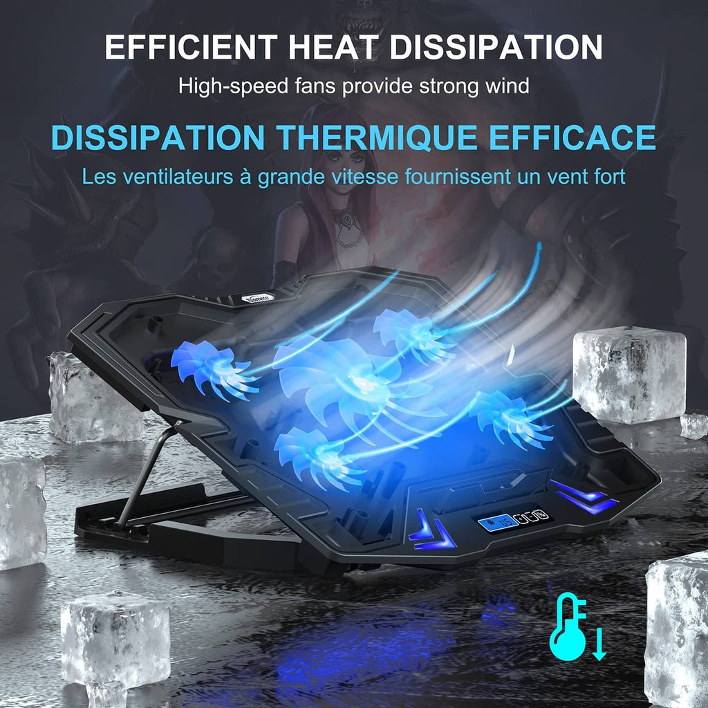 Black gaming laptop cooler pad with blue fan airflow and sturdy metal stand