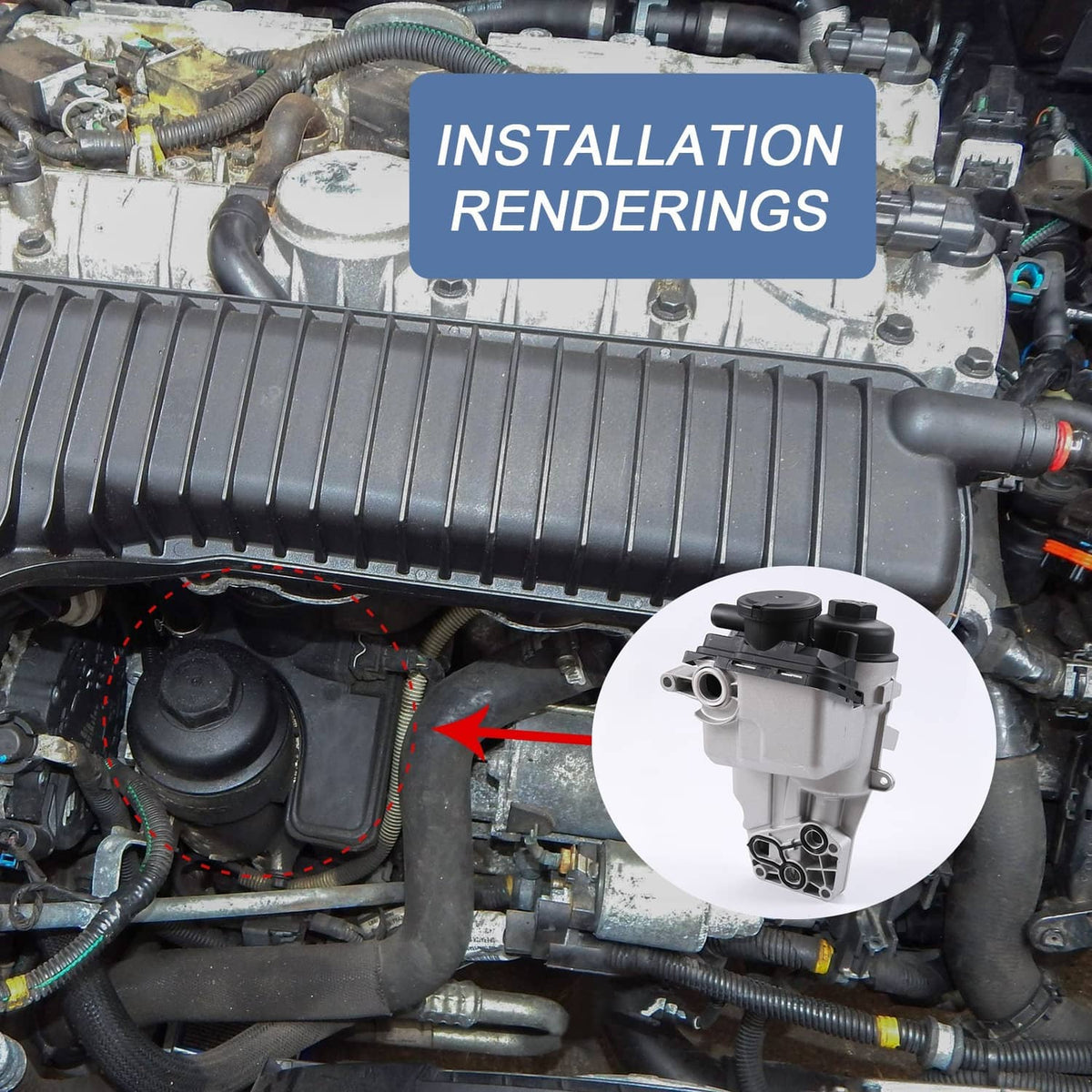 Oil filter housing shown in engine compartment, inset highlights mounting ports