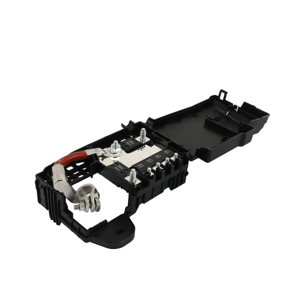 Black fuse block terminal with exposed metal terminals and internal fuse slots