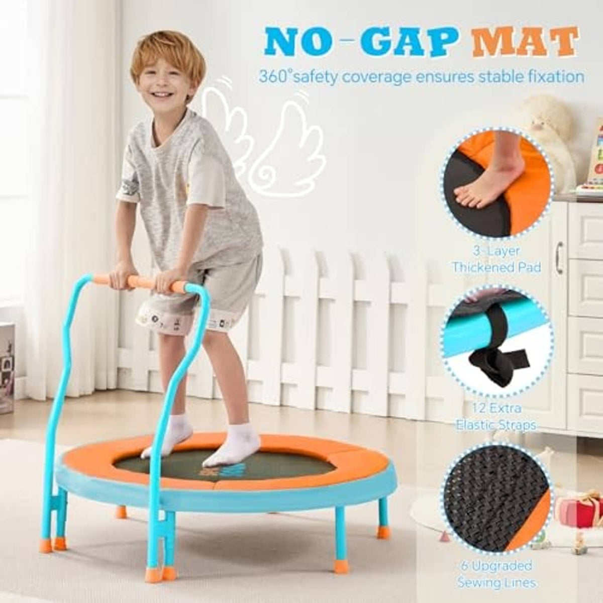 Kids mini trampoline indoors with foam handle and orange round jump mat