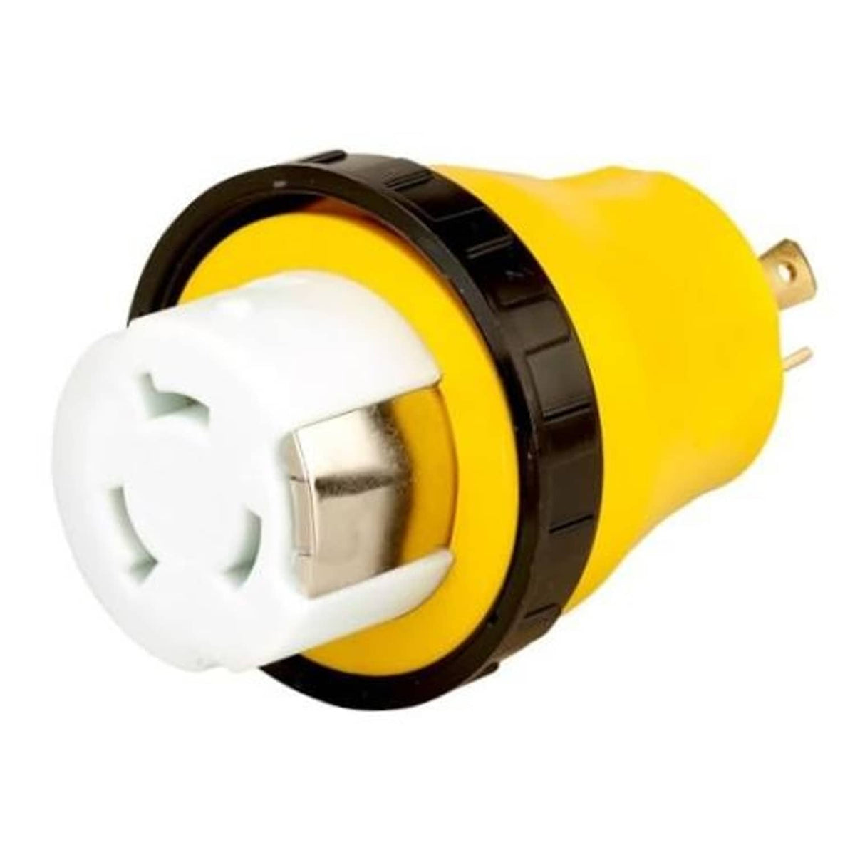 Yellow NEMA generator adapter plug with white twist-lock connector and metal prongs