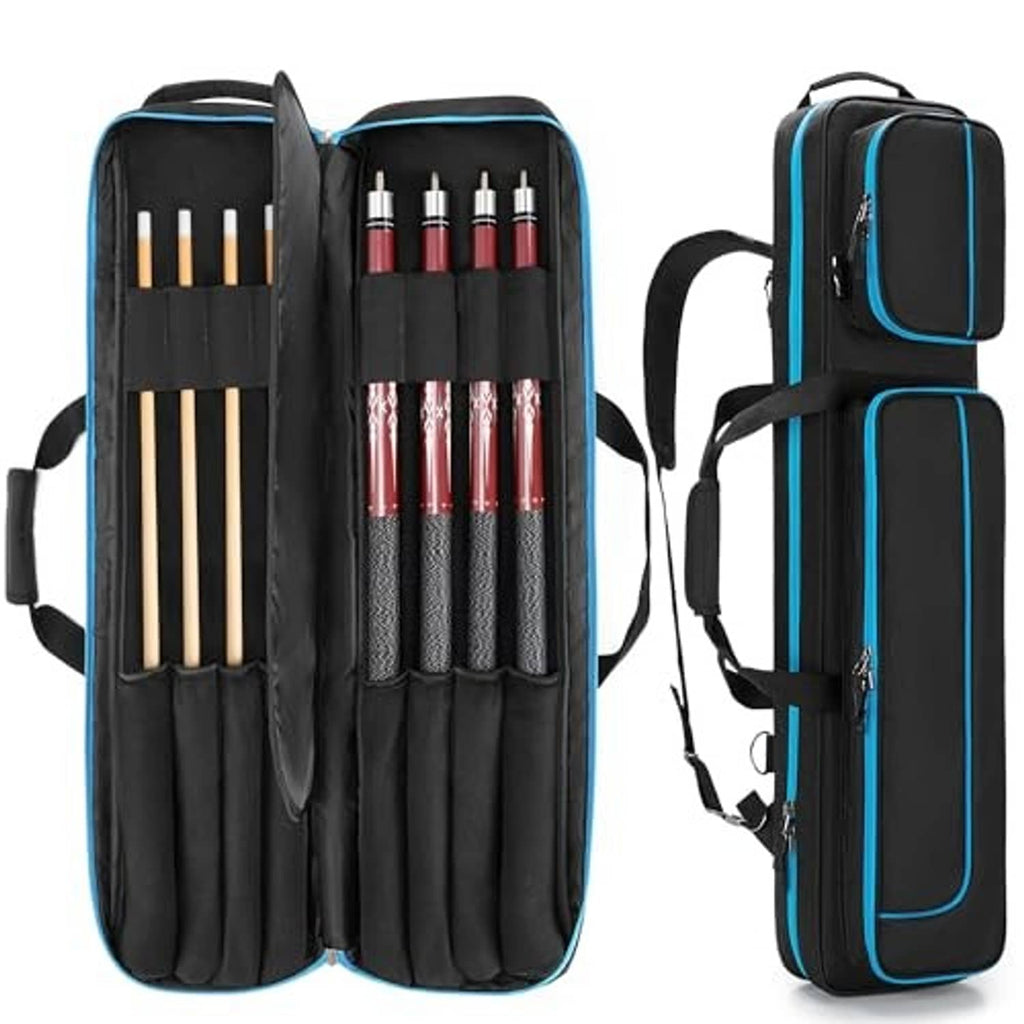 Black pool cue case with blue trim, closed with top handle and end storage pouch