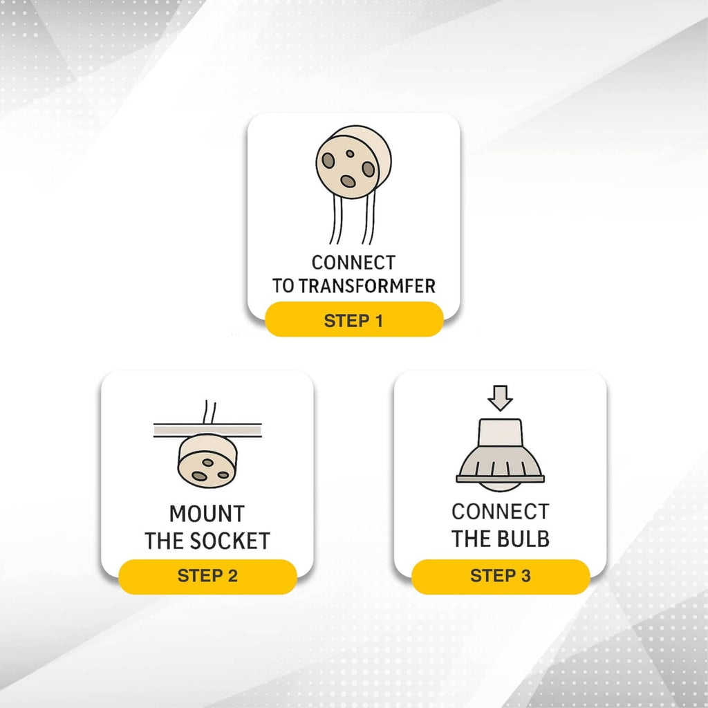 Instruction card icons for connecting a mini bi-pin socket to a transformer and bulb