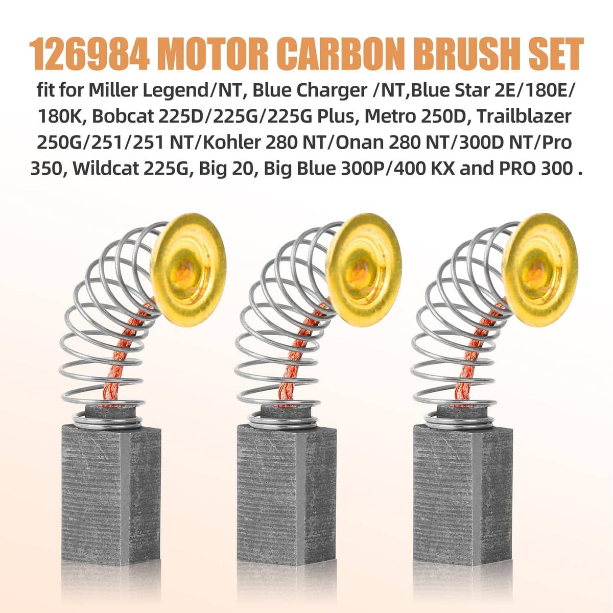 3-pack motor carbon brush set with yellow contact disks on coil springs and gray blocks