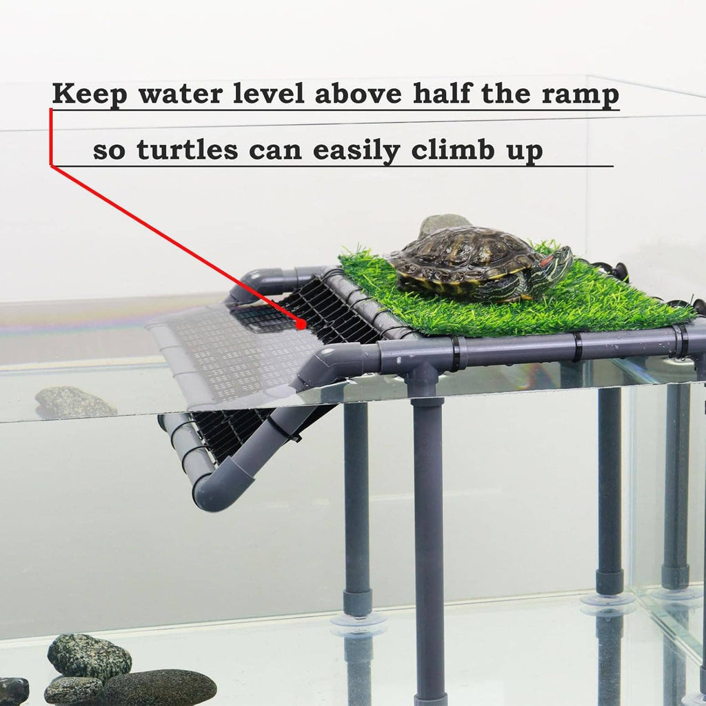 Extra-large turtle basking platform with ramp and artificial grass, showing turtle on dock