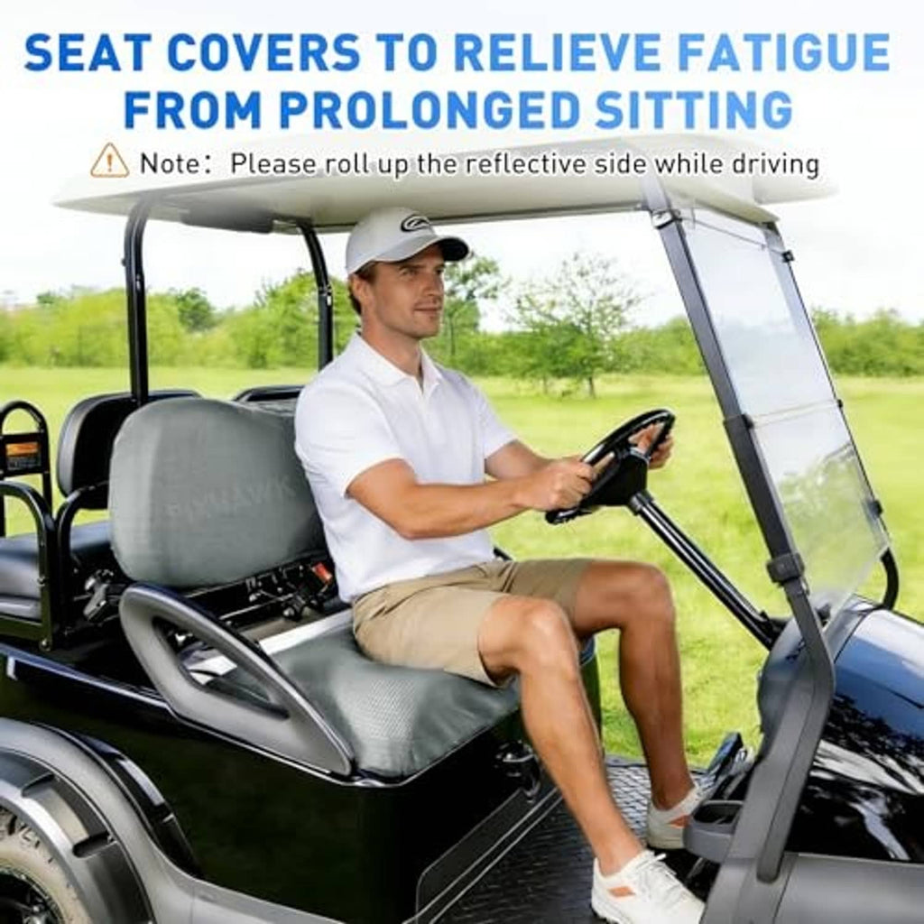 Gray front seat cover on a golf cart, protective cushioning on seat and backrest
