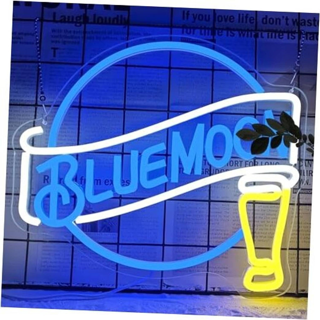 Dimmable neon wall sign with blue ring moon, BLUEMO text, yellow beer mug, white outline